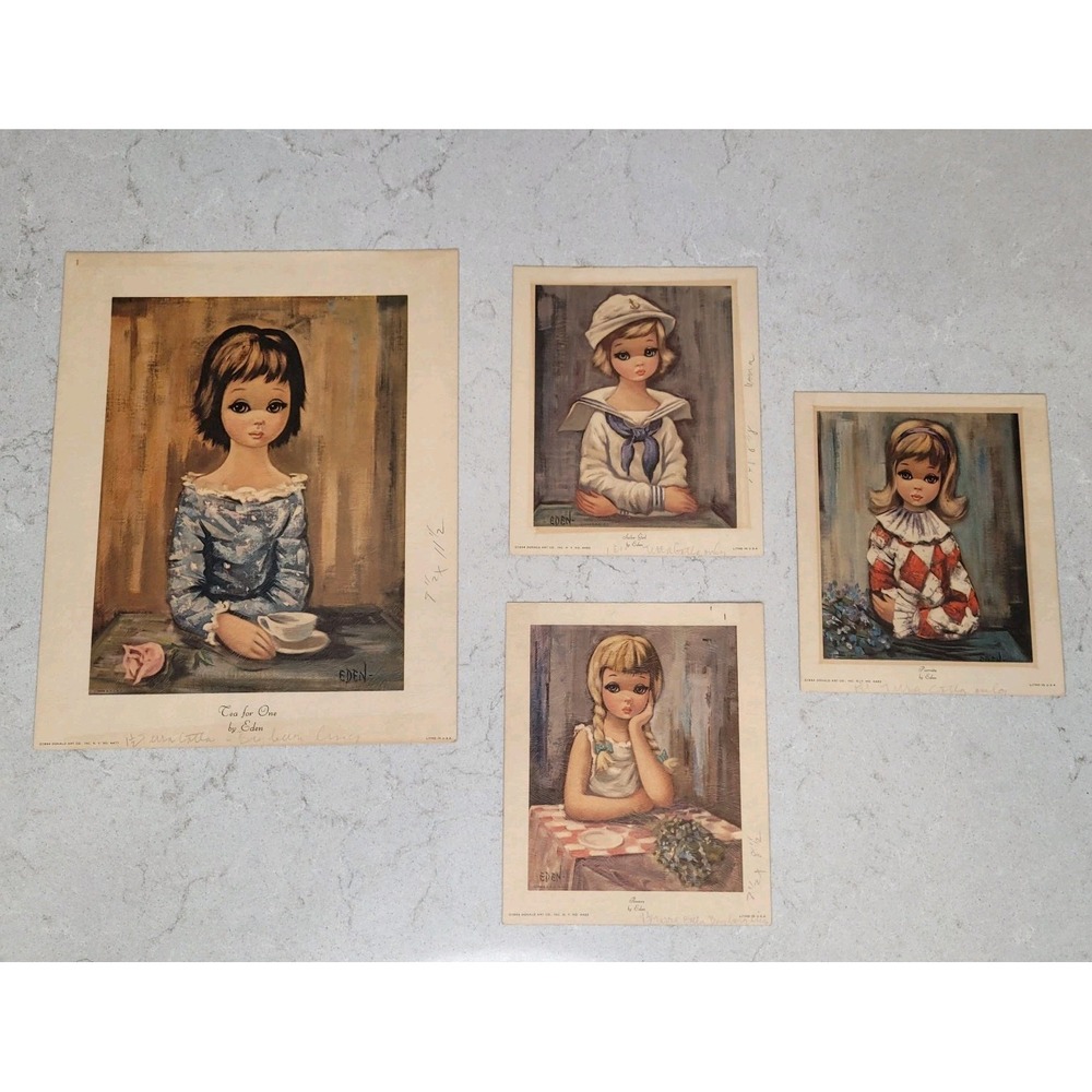 Eden Art Prints Big Eye Girl 1960s Vintage Lithograph Set Of 4 MCM Decor